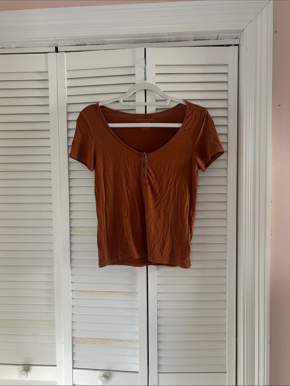 American Eagle Outfitters Rust Short-Sleeve Scoop Henley Top